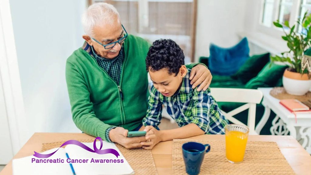 an older man and young boy looking at a cell phone together with a purple Pancreatic Cancer Awareness ribbon graphic