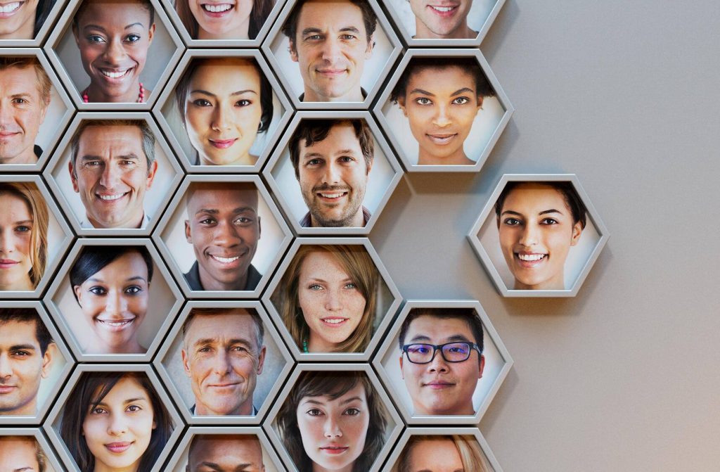 hexagon puzzle with multicultrual faces represented