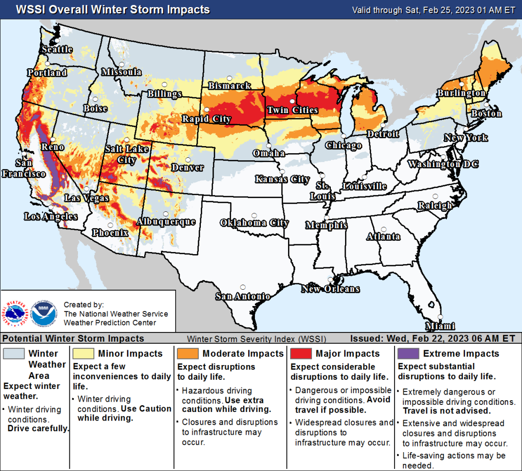 Illustrated map from the National Weather Service showing winter storm severity.
