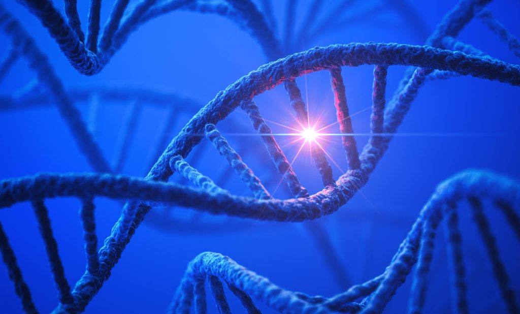 a medical graphic of DNA in shades of blue, with one section highlighted by a flash of white light