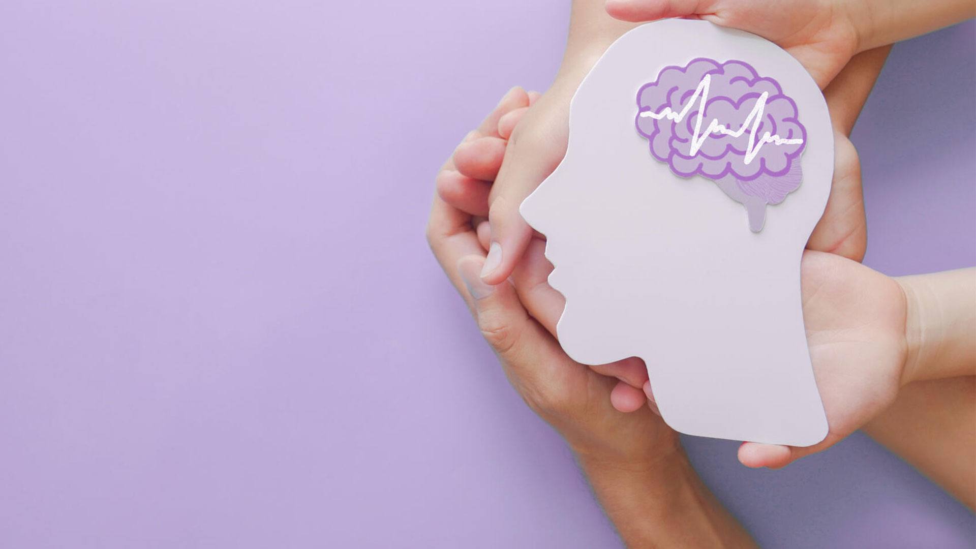 Hands hold a paper cutout of the profile of a human head with a brain; isolated on a purple background.