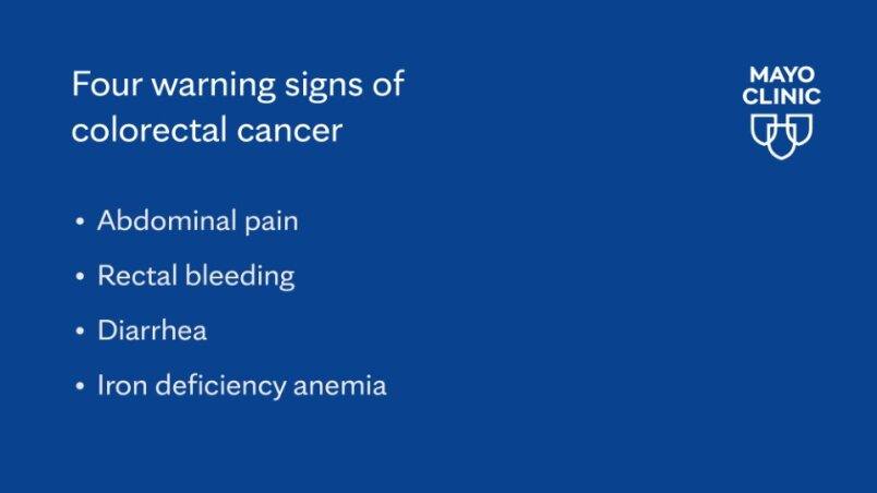 Graphic of warning signs of colorectal cancer with Mayo Clnic identifier