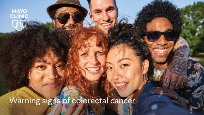 Graphic of warning signs of colorectal cancer, with Mayo Clinic identifier