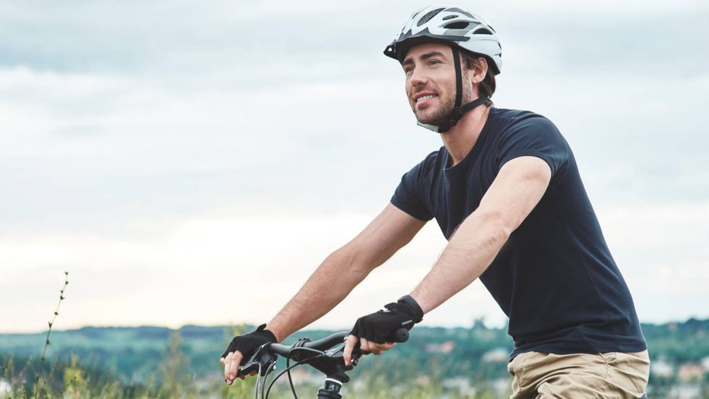 Young man, bike, bicycle, helmet, bike gloves, safety