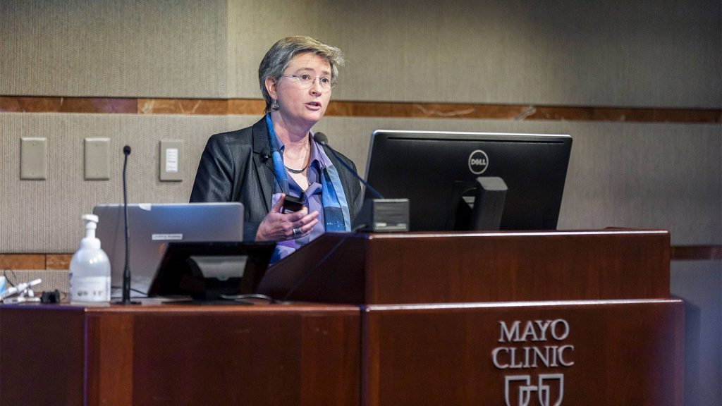 Image of Joni Rutter, Ph.D., director of the National Center for Advancing Translational Sciences, speaks at the Celebration of Women in Science Lecture. 