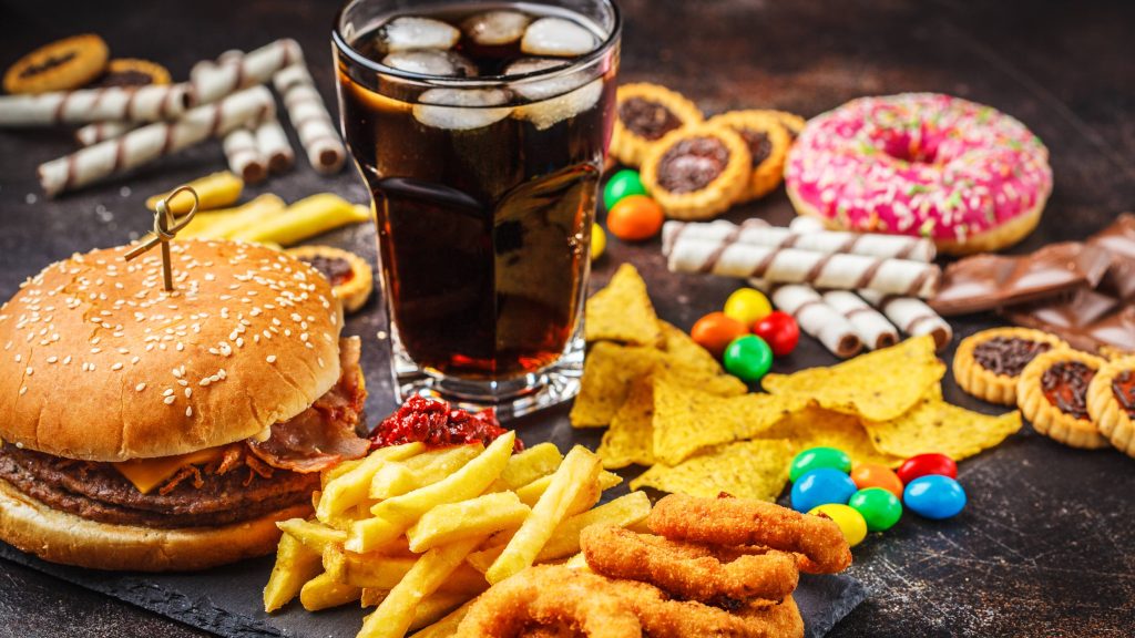 Junk food, burger, fries, donut, candy, cookies