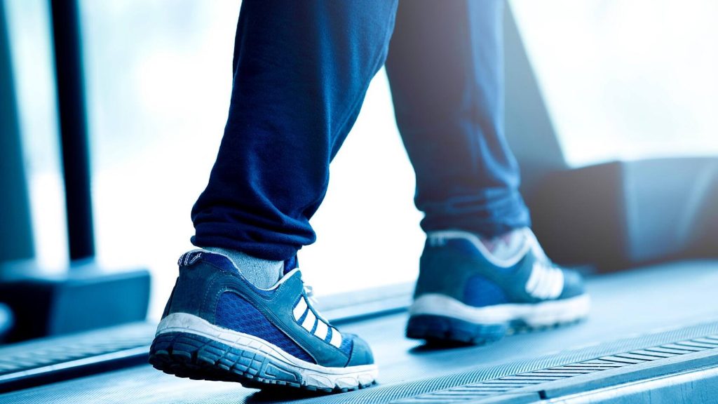 Closeup of feet on treadmill