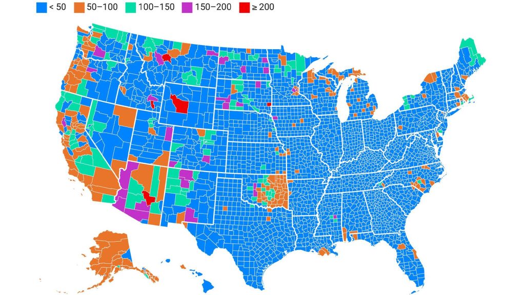 U.S. map with color-coded county data depicting digestive disease mortality rate per 100,000 American Indian and Alaska Natives in 2019.