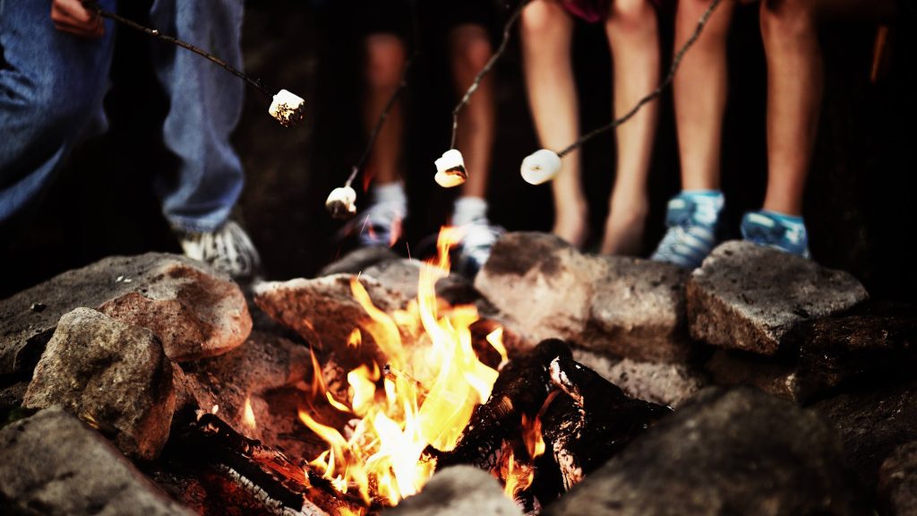 a group of young people roasting marshmallows, s'mores, around a campfire at night, campfires