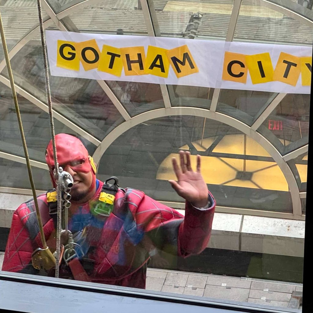 Superhero window washers visit Mayo Clinic Children's