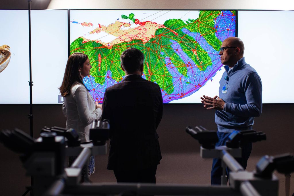 A group of consultants discuss and review a colorful digital pathology image on a wall monitor.