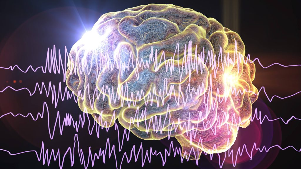 Illustration of a brain with brain waves in epilepsy
