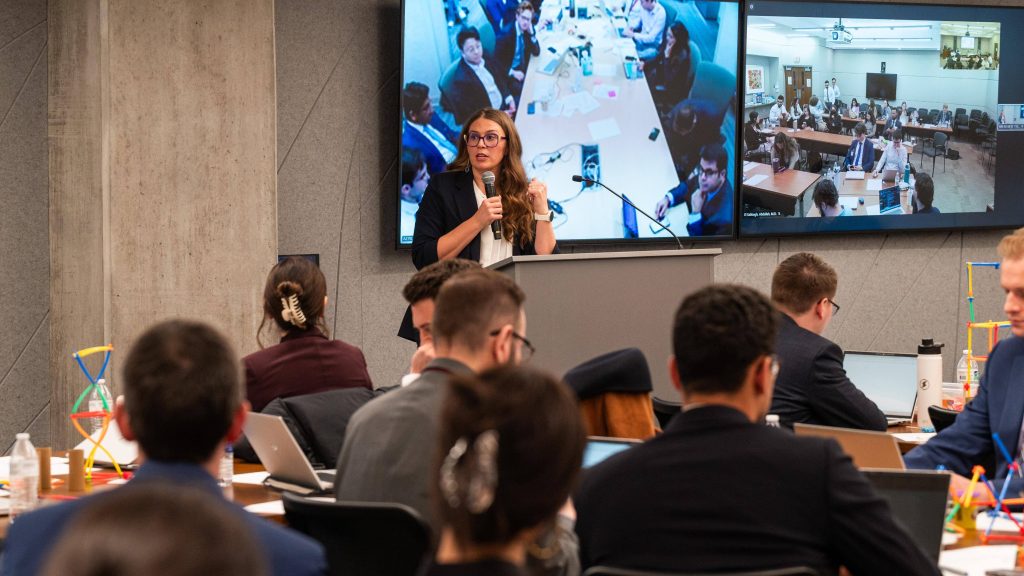 Mayo Clinic residents and fellows in the Clinical Innovation and Entrepreneurship Academy participate in a program day featuring hands-on, experiential learning. Rena Hale, Ph.D. , program director, is on microphone