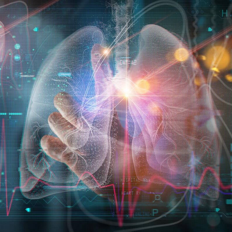 A hand touches a virtual interface which is displaying lung graphics and information.