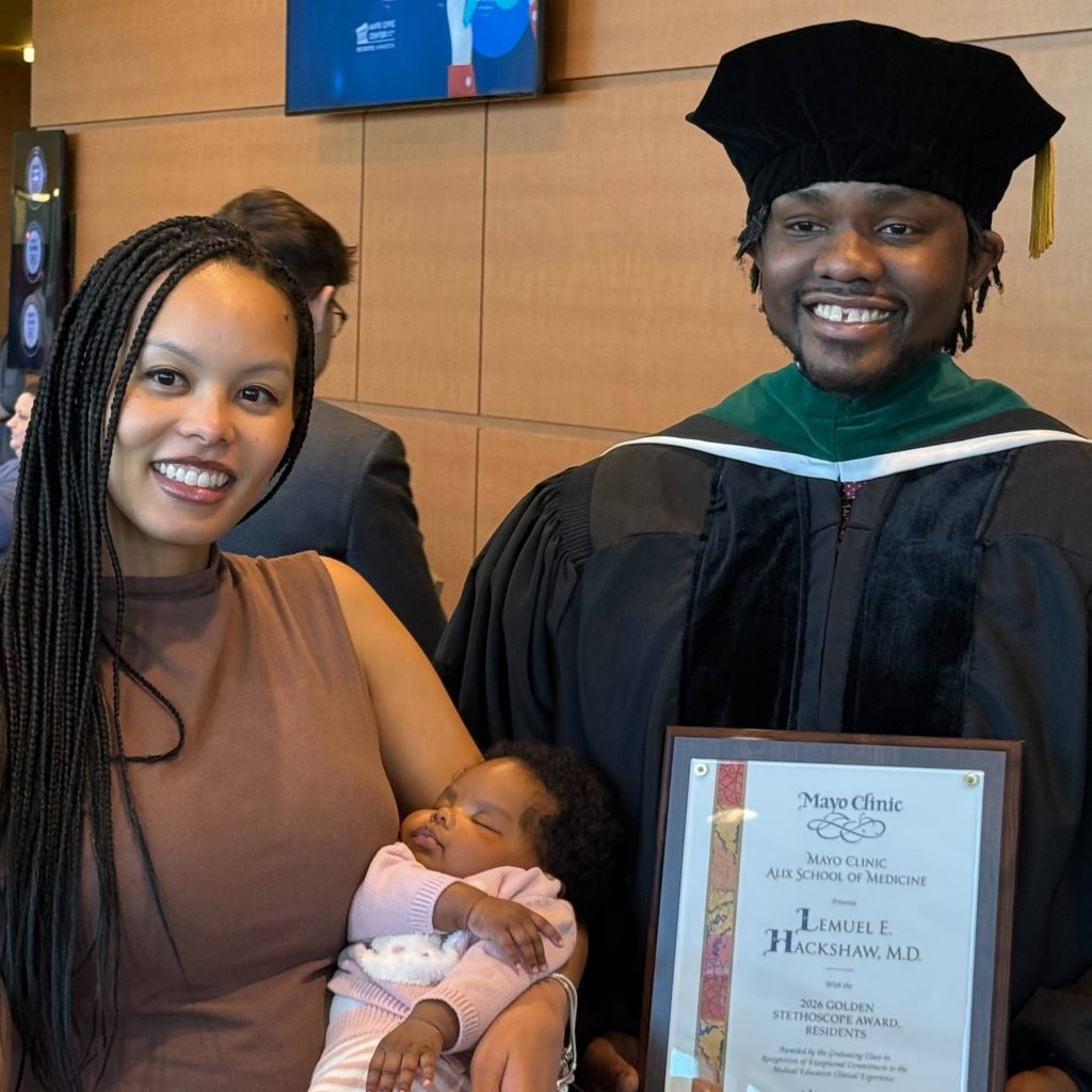 Dr. Lemuel Hackshaw, class of 2026 Alix School of Medicine, with family, MN