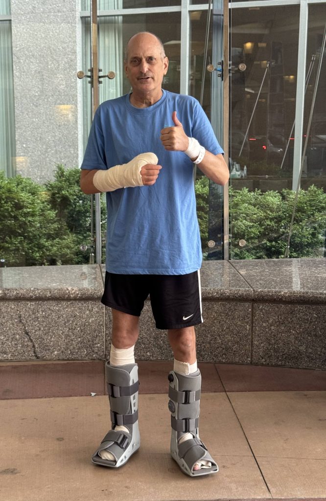 Mike Sonnabend at Mayo Clinic following surgeries to remove portions of his toes and thumb after a life-threatening battle with bacterial meningitis.  