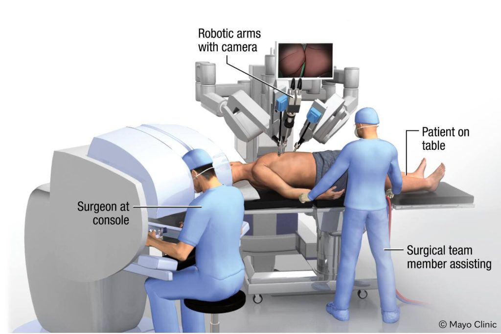 A surgeon sits at a console performing robotic-assisted surgery. The patient is on the operating room table and a surgical team member is assisting.