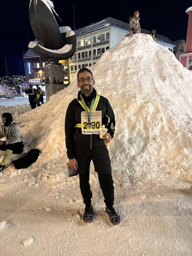 Mike Singh after completing a long-distance run in Norway. With guidance from Mayo Clinic specialists, he continues to train and compete in endurance events while managing his heart condition. 