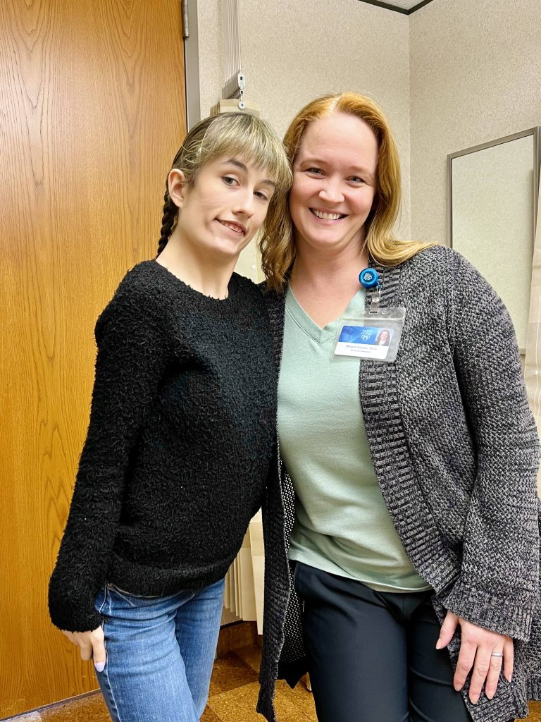 Summer Negele with Margot Cousin, Ph.D., during a Mayo Clinic visit when Summer donated a skin sample for KCNK9 imprinting syndrome research.
