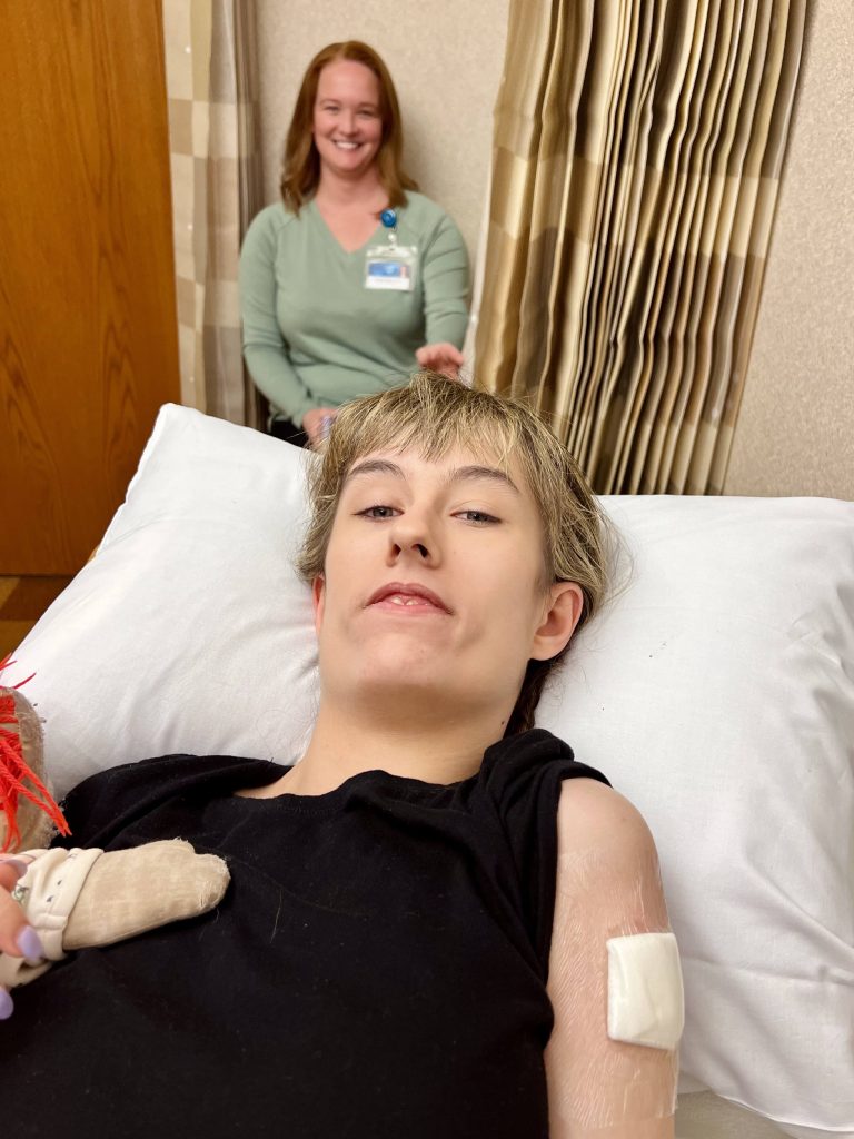 Summer Negele with Margot Cousin, Ph.D., during a Mayo Clinic visit when Summer donated a skin sample for KCNK9 imprinting syndrome research.