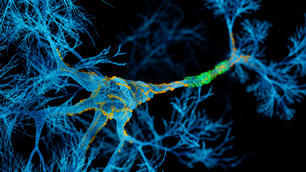 Neuron cells system disease - 3d rendered image of Neuron cell network Hologram view on black background. Interconnected neurons cells with electrical pulses. Conceptual medical image. Glowing synapse.