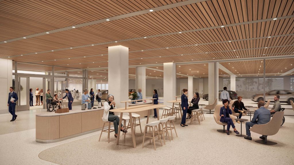 Rendering of the Penske Arrival Building lounge with a wood-slat ceiling, café-style tables, comfortable seating, and people gathering near large windows overlooking the arrival area.