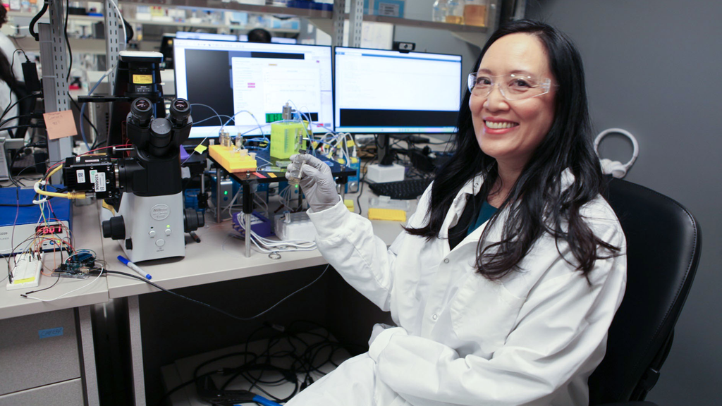 Mayo Clinic researcher, Connie Chang, Ph.D., works with air-sampling equipment in a laboratory.