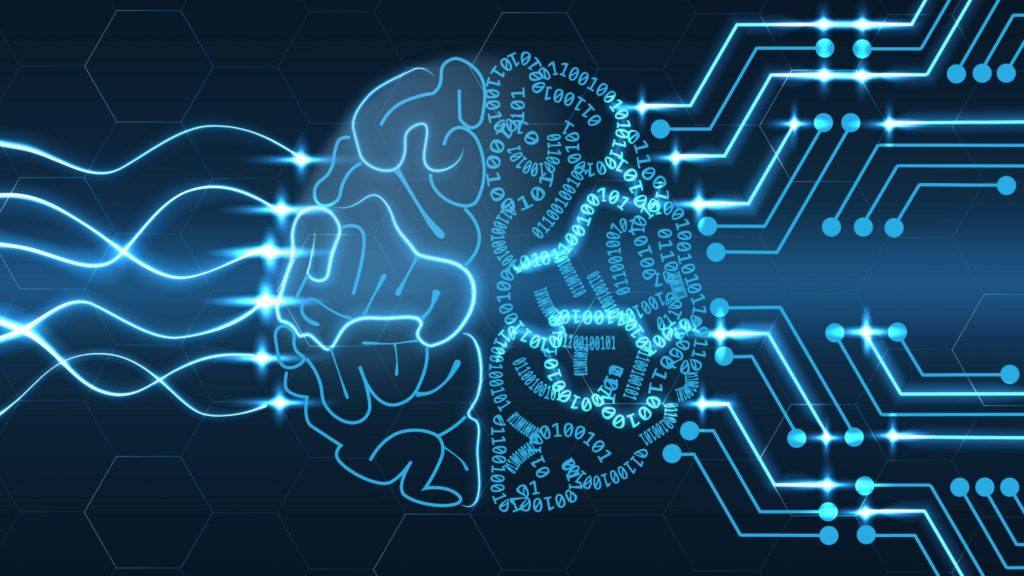 一幅具有前瞻性黑色背景的霓虹蓝大脑接线图，象征人工智能