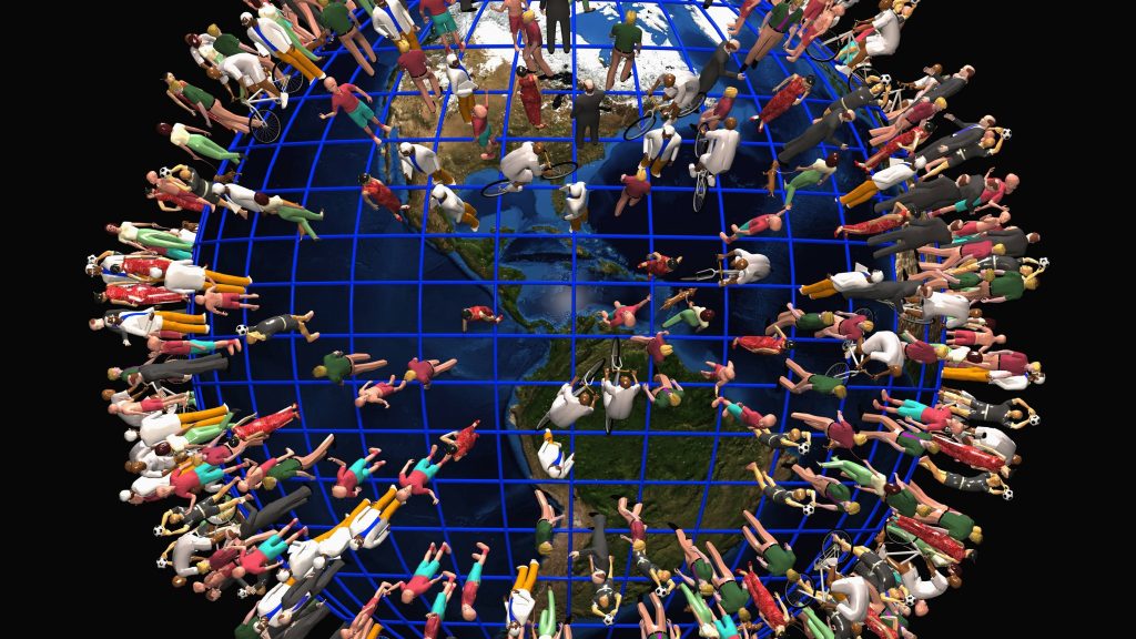 ilustración del globo terráqueo con personas de todas las razas y edades de pie en el globo